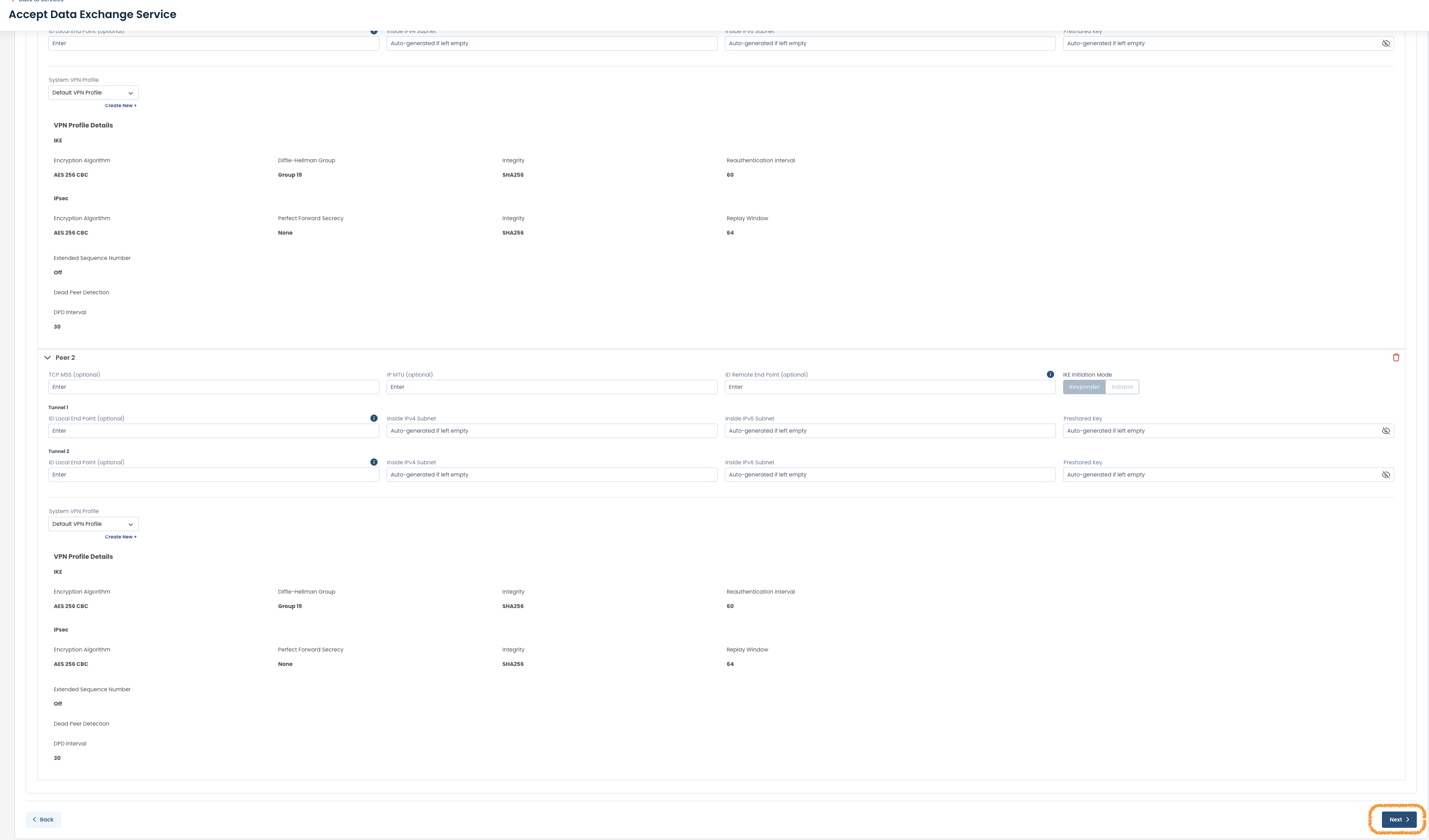 Configuration settings for VPN profiles, including encryption algorithms and integrity settings.
